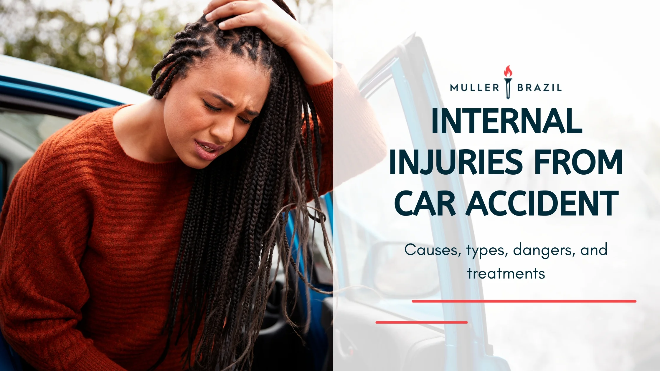 Blog featured image of a woman holding her head and a caption that says “Internal Injuries from car accident