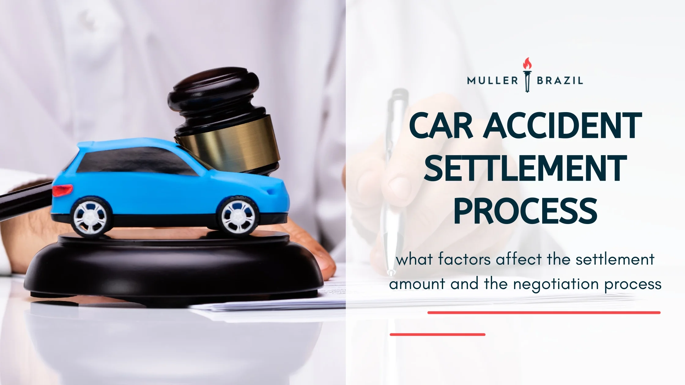 Blog featured image of a person holding a gavel and a blue car and a caption that says “car accident settlement process“