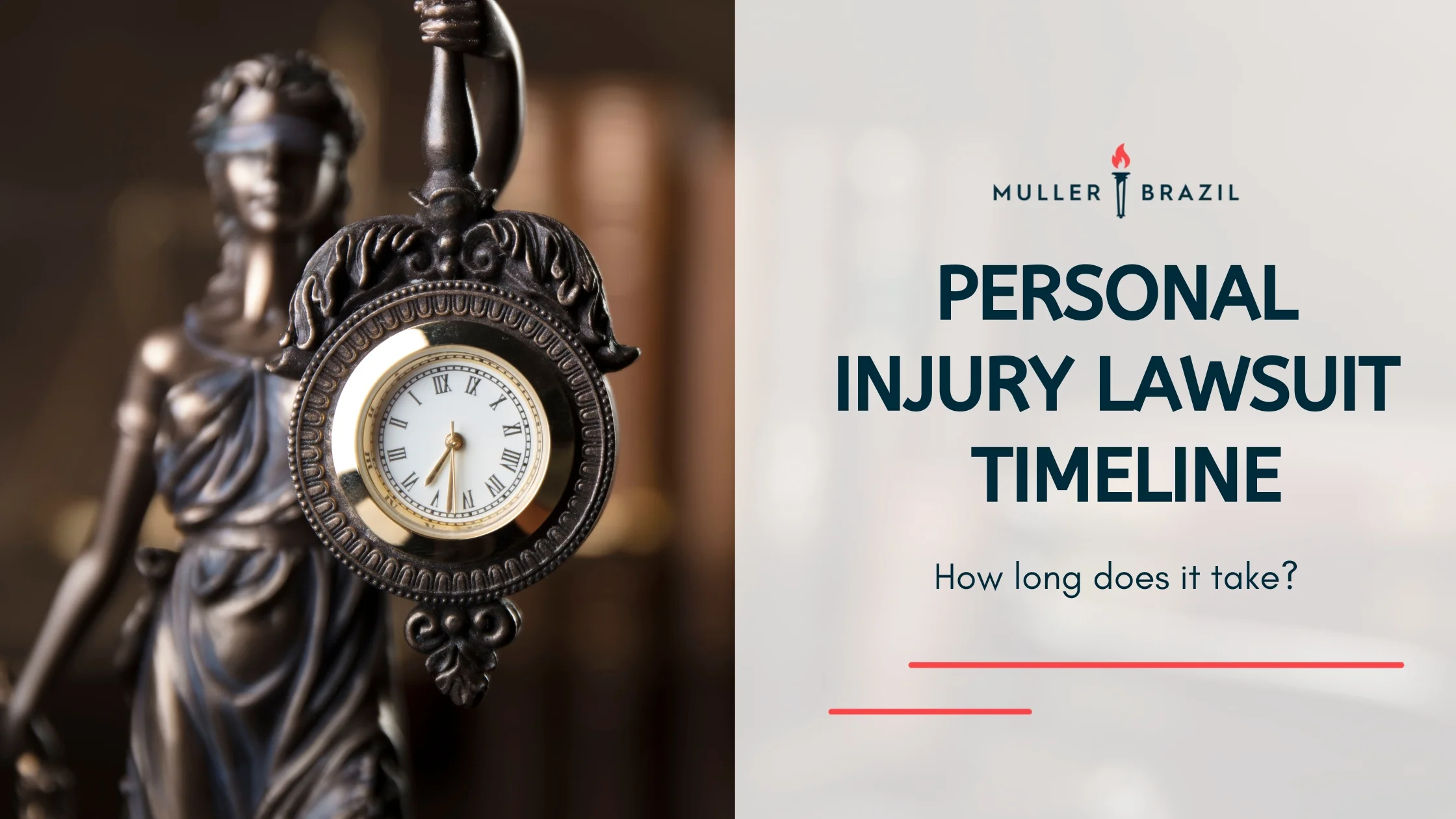 Blog featured image of a brown statue holding an analog clock and a caption that says “Personal Injury Lawsuit Timeline“