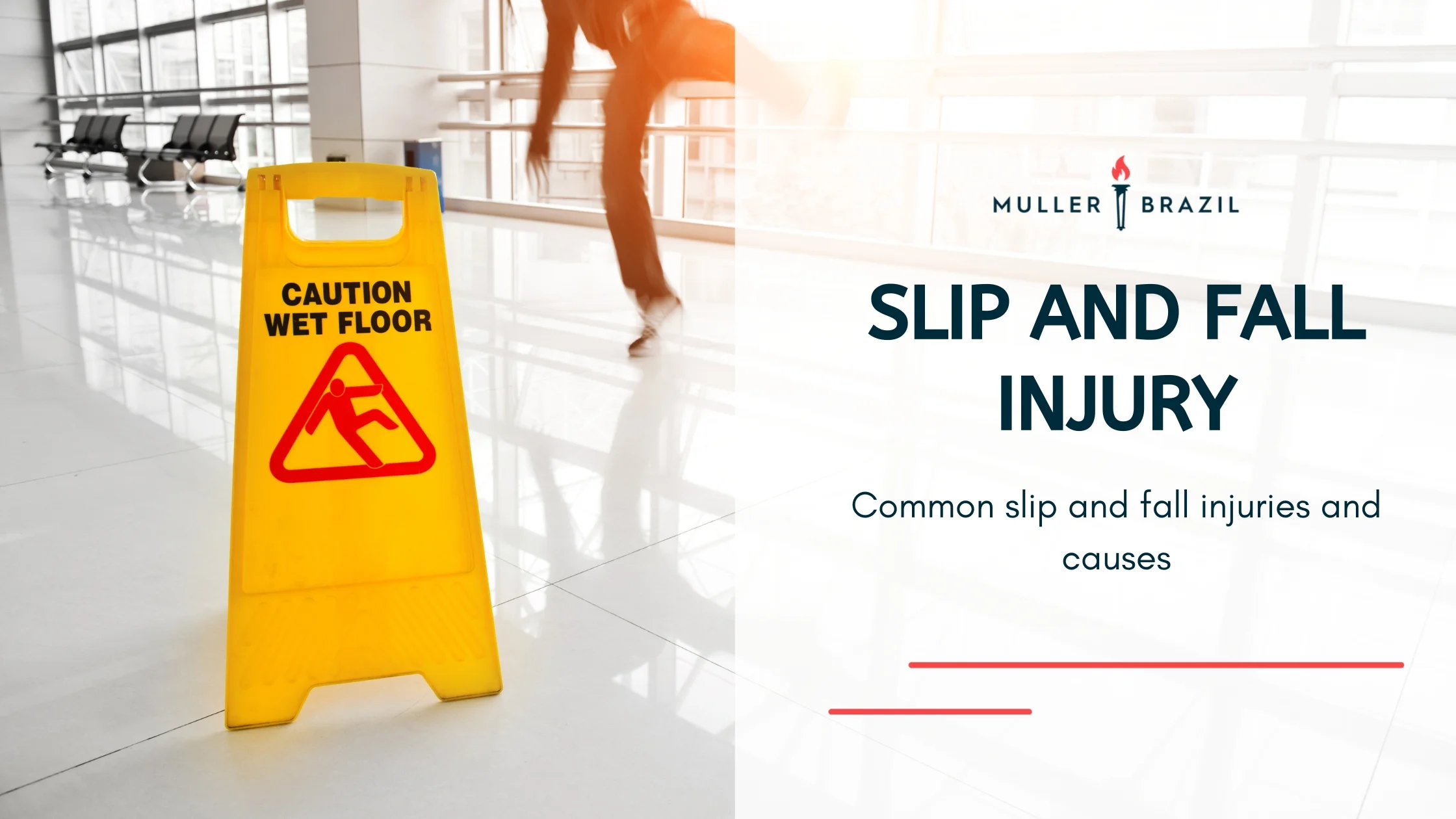 a man slipping on a wet floor in front of a caution wet floor sign