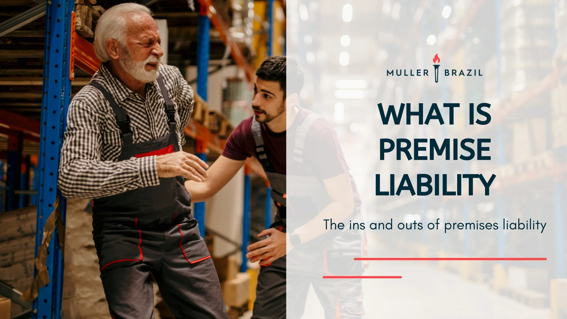 Blog featured image of a man falling and a boy catching him in a warehouse and a caption that says “What is Premise Liability